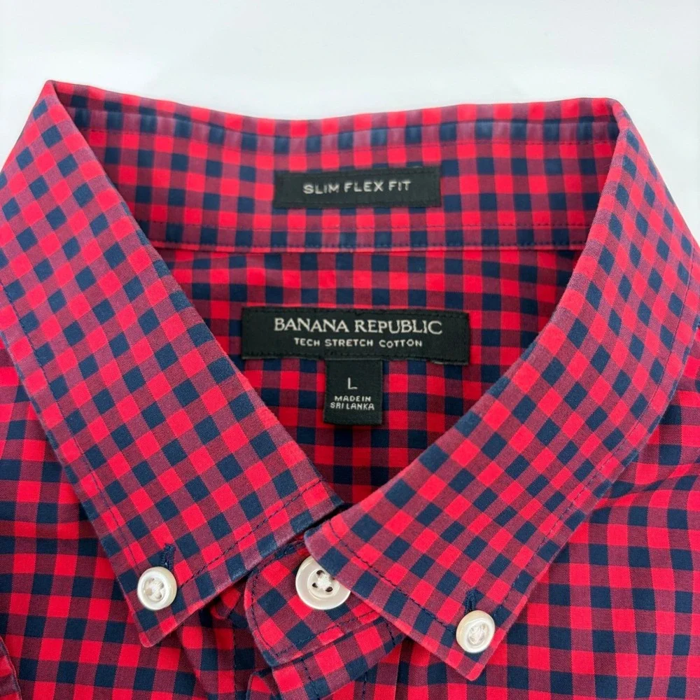 Banana Republic Mens Button Down Shirt Large Red Navy‎ Gingham Slim Flex Fit L